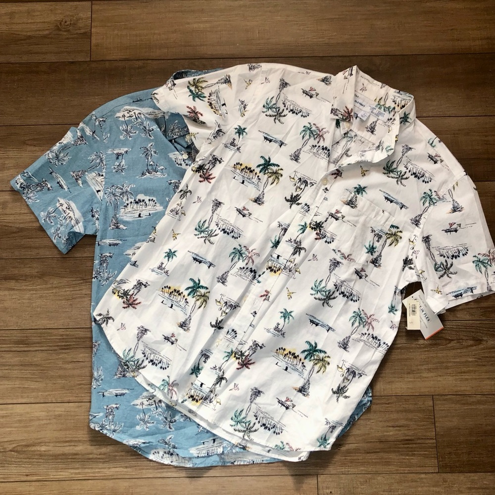 2x Men’s Beach/ Resort Print Button up Shirts -Blue/White - Size lg